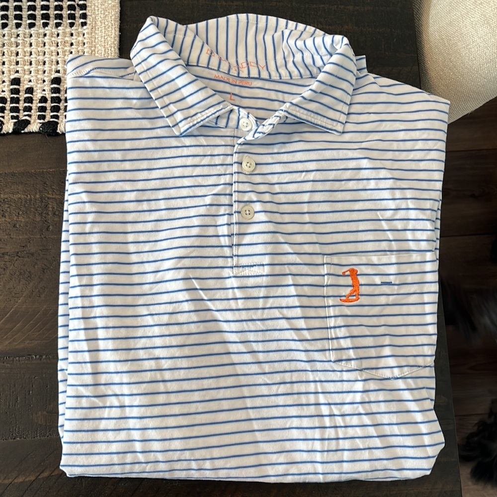 B Draddy Golf Polo Large White and Blue Stripe